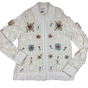 Together Boho Beaded Sweater Open Knit Front Zips